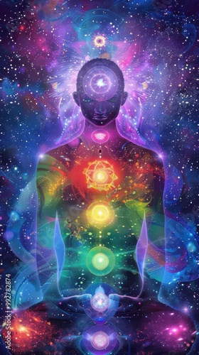 A human figure with a glowing aura and seven chakras, surrounded by a starry cosmos. photo