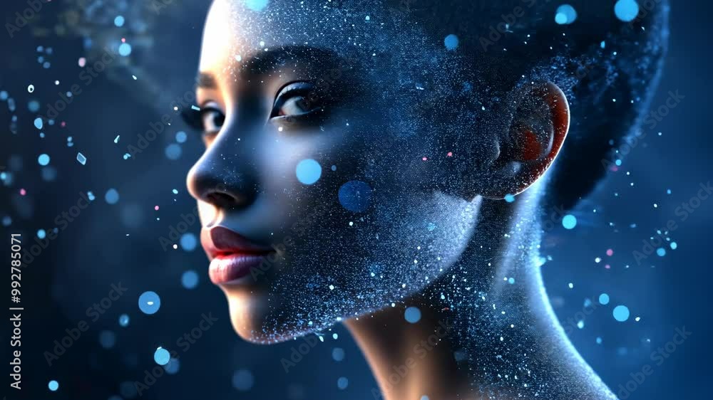 A woman's face is highlighted with blue and white glowing particles, creating a surreal and ethereal effect A woman's face is highlighted with blue and white glowing particles, creating a surreal and ethereal effect