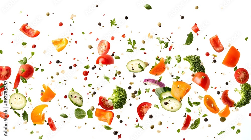 Mixed vegetables falling gracefully isolated on a pure white backdrop Mixed vegetables falling gracefully isolated on a pure white backdrop