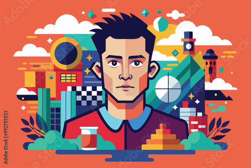 A creative depiction of a character set against a colorful, stylized city backdrop, blending art and imagination, Customizable illustration that disproportions logically.