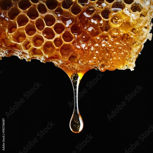 Golden honey dripping from a honeycomb against a black background.