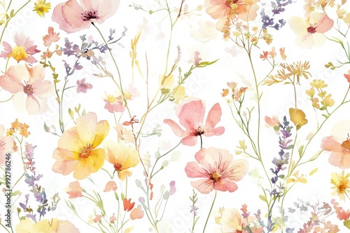 Delicate watercolor floral pattern featuring soft hues of pink, yellow, and lavender on a light background for elegant designs.