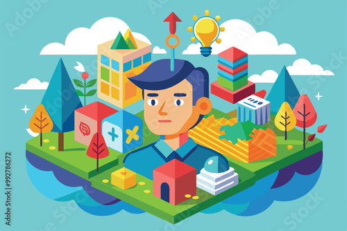 A creative visualization depicts a whimsical world where logic is playfully exaggerated through colorful elements, Customizable illustration that disproportions logically.