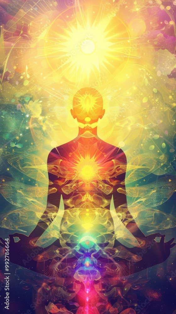 Silhouette of a meditating figure with a glowing aura and chakras ...