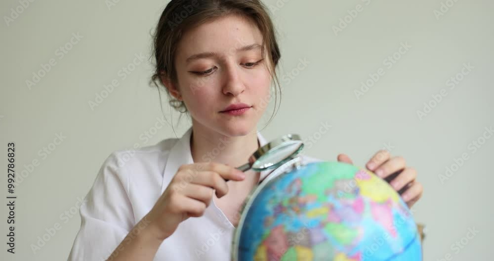 Pensive young woman attentively looks for popular countries to visit on Earth globe using magnifying glass. Lady in white shirt dreams about travelling around world
