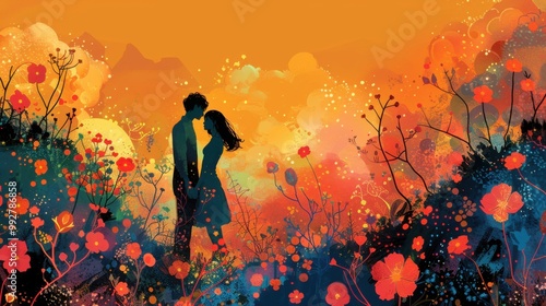 Silhouettes of a couple embracing in a field of wildflowers against a vibrant sunset. photo