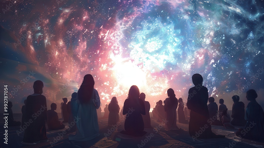 Silhouettes of people gazing up at a swirling nebula, a celestial event in a cosmic sky. Silhouettes of people gazing up at a swirling nebula, a celestial event in a cosmic sky.
