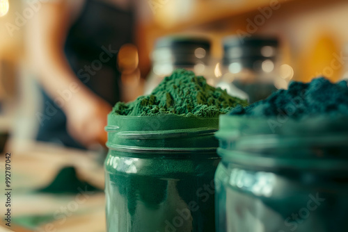 Close-up of jars filled with vibrant green and blue powders, likely pigments or natural dyes, with a blurred background of a workspace. photo