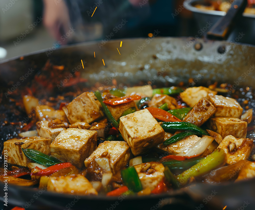 A close-up of a sizzling stir-fry dish featuring cubes of tofu, colorful bell peppers, and green onions in a dark, savory sauce. A close-up of a sizzling stir-fry dish featuring cubes of tofu, colorful bell peppers, and green onions in a dark, savory sauce.