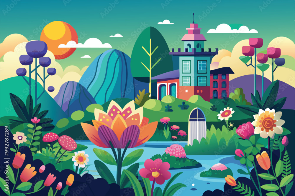 Blossoming flowers surround a bright house in a picturesque valley under the warm afternoon sun, Customizable illustration that is blooming and disproportionate. Blossoming flowers surround a bright house in a picturesque valley under the warm afternoon sun, Customizable illustration that is blooming and disproportionate.