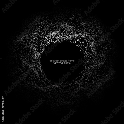 Abstract circle shape wave dot light particles white grey gradient isolated on black background. Vector in concept, technology, science, music, modern.