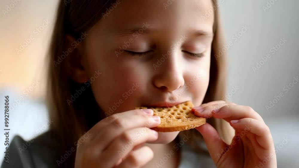 A girl takes a bite of a cracker, eyes squeezed shut, savoring the pleasure of the moment. A girl takes a bite of a cracker, eyes squeezed shut, savoring the pleasure of the moment.
