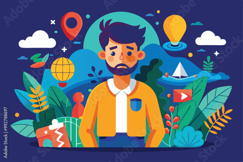 A traveler looks lost and disheartened with mountains, plants, and icons representing his journey around him, Customizable illustration that is lost and disproportionate.