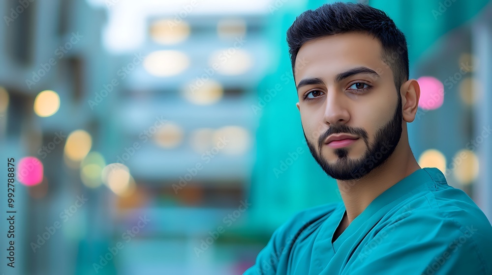 Young handsome doctor with beard wearing medical uniform smiling happy and winking crossed smile at face Young handsome doctor with beard wearing medical uniform smiling happy and winking crossed smile at face