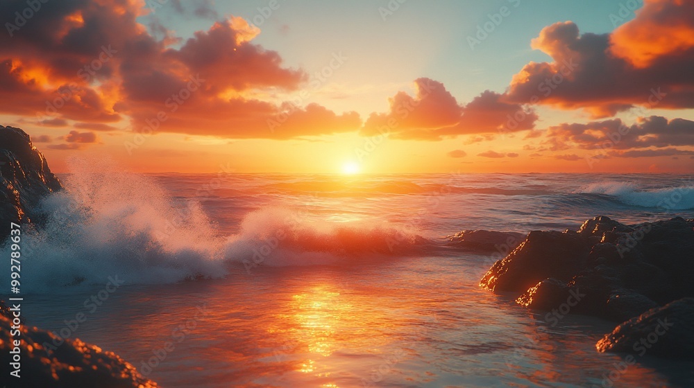 Vibrant sunset over the ocean with crashing waves and rocky shore. Vibrant sunset over the ocean with crashing waves and rocky shore.