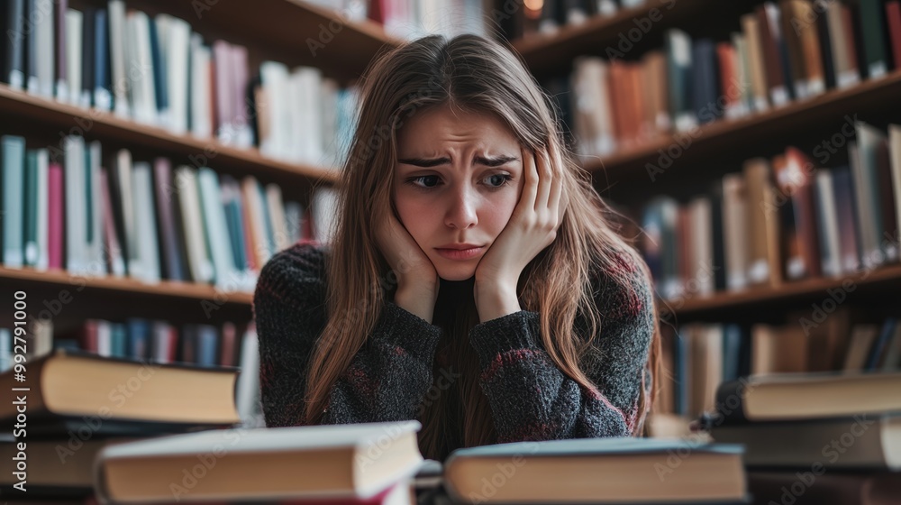 student woman have anxiety because of exams, female prepare for test and learning lessons in the library. stress, despair, haste, misunderstanding reading, discouraged, expectation, knowledge student woman have anxiety because of exams, female prepare for test and learning lessons in the library. stress, despair, haste, misunderstanding reading, discouraged, expectation, knowledge