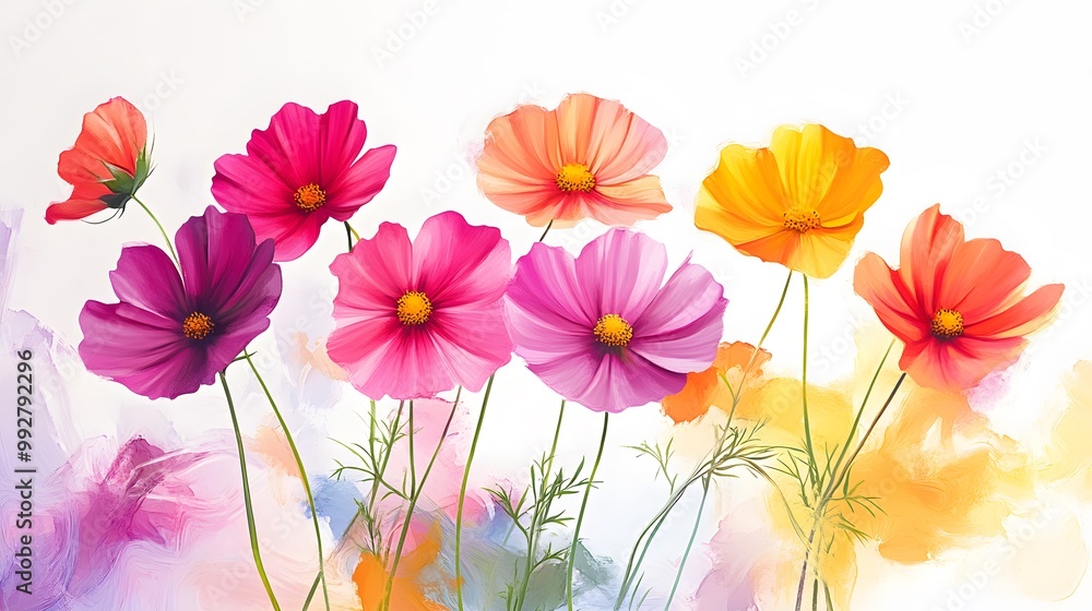 Obraz premium Vibrant cosmos flowers blooming in bright colors, placed on a clean white canvas, hyper real, high quality, sharp images, graphic, illustration