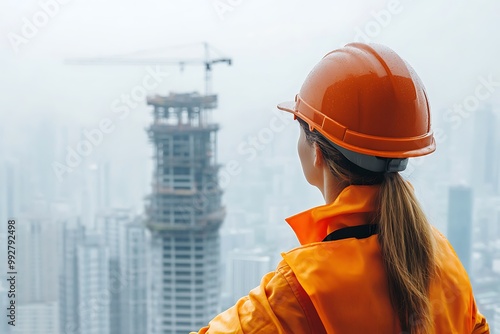 Female engineer in protective helmet and safety vest working at construction site