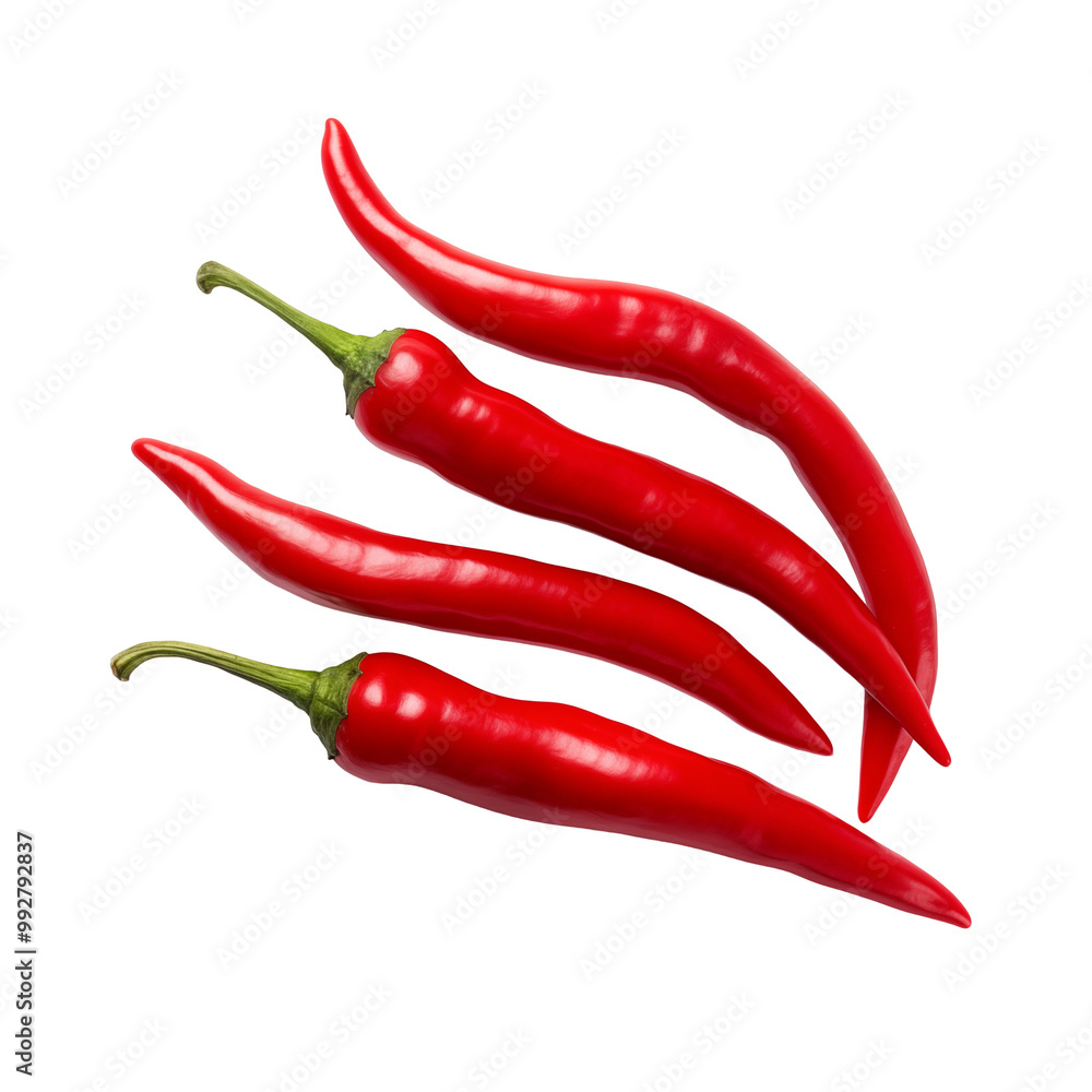 Four Bright Red Chili Peppers Arranged On White Background Four Bright Red Chili Peppers Arranged On White Background