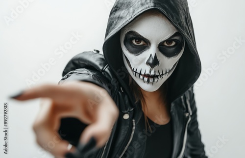 Woman with skull face art, black leather jacket, and hoodie, extends her hand forward