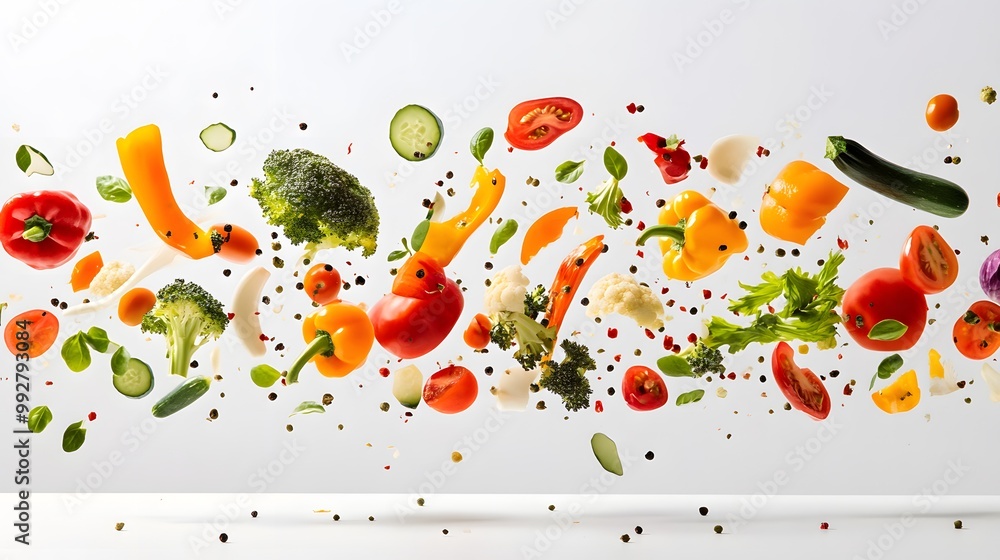 Mixed vegetables in motion falling gracefully against a white background Mixed vegetables in motion falling gracefully against a white background