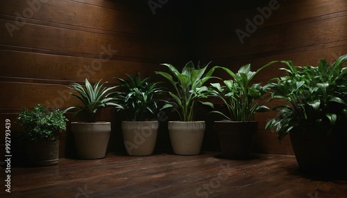 Plants on a wooden table with a wall behind them 32