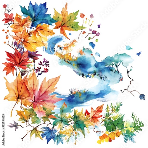 Watercolor Painting of Autumn Leaves with a Touch of Blue.