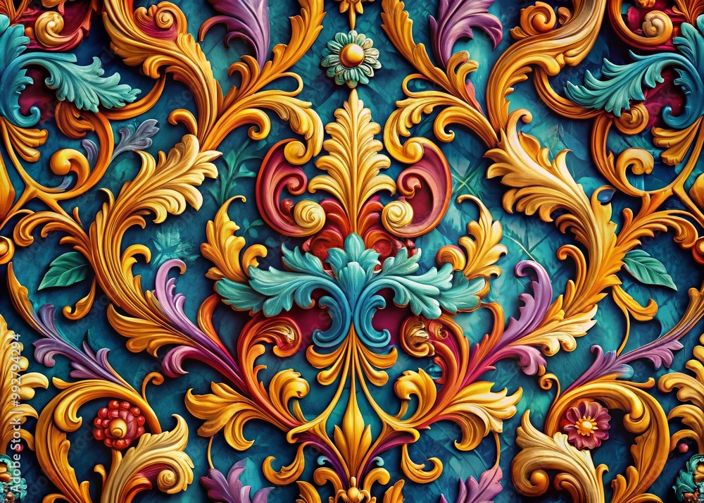 Elegant Baroque Pattern Design Featuring Intricate Swirls and Flourishes in Rich Color Palette Elegant Baroque Pattern Design Featuring Intricate Swirls and Flourishes in Rich Color Palette