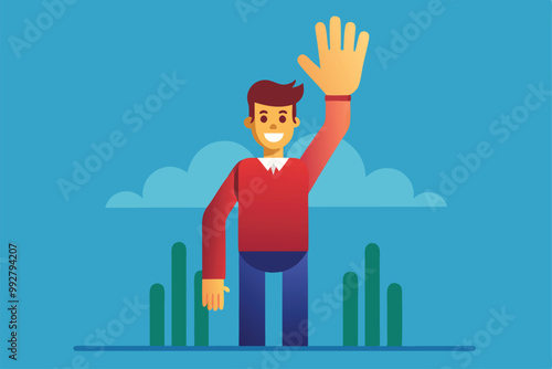 A cheerful, disproportionate character greets passersby amidst playful greenery under a sunny sky, Customizable illustration with disproportionate rain.