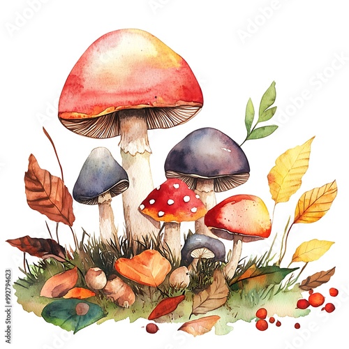 Watercolor Illustration of Colorful Mushrooms with Autumn Leaves.