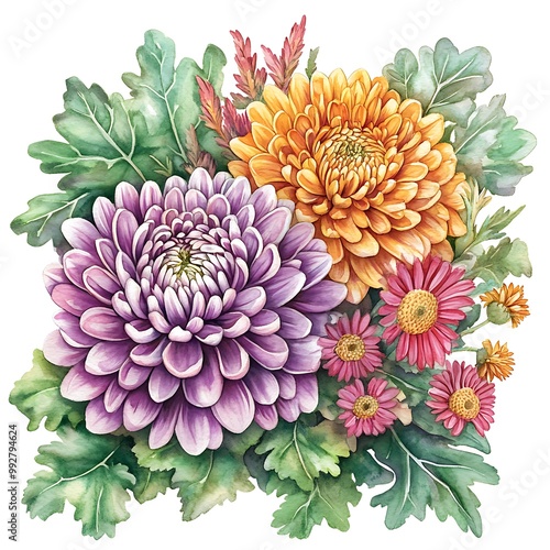 Watercolor painting of a bouquet of purple, orange and pink chrysanthemums.