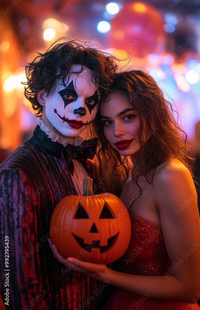 Fototapeta premium A young man in a clown costume and a woman in red dress holding pumpkin at Halloween party