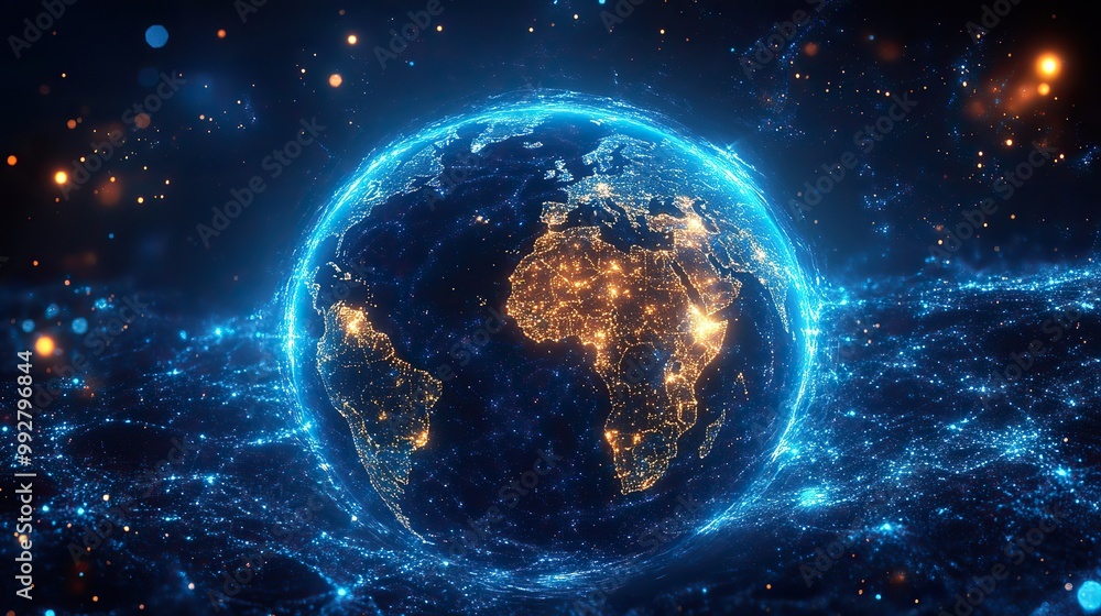 Obraz premium A digital data globe illustrates the complexity of scientific technology surrounding Earth, emphasizing connectivity and data flow.