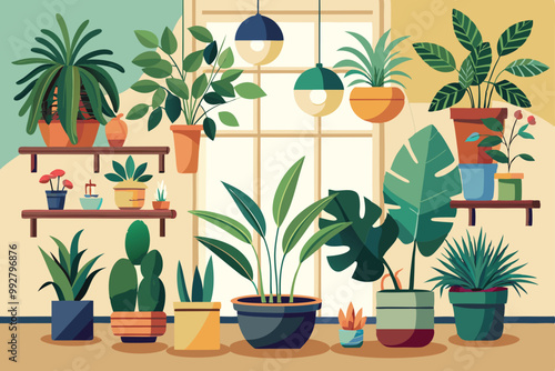 A colorful arrangement of various indoor plants enhances the cozy atmosphere of the room, Customizable indoor plant illustrations that are disproportionate.