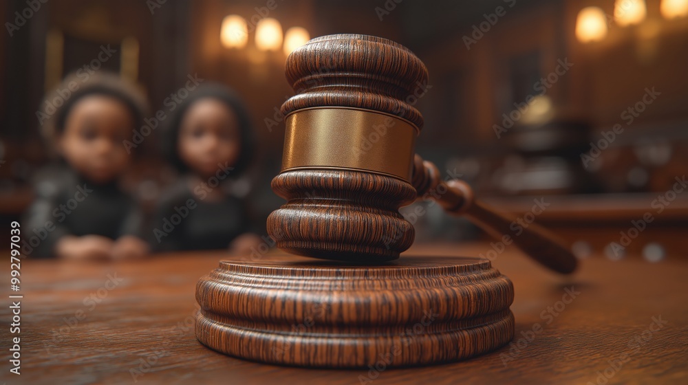 Wooden Judge's Gavel on a Courtroom Desk, Representing Law, Justice, and Legal Proceedings with African American Children Blurred in the Background Wooden Judge's Gavel on a Courtroom Desk, Representing Law, Justice, and Legal Proceedings with African American Children Blurred in the Background