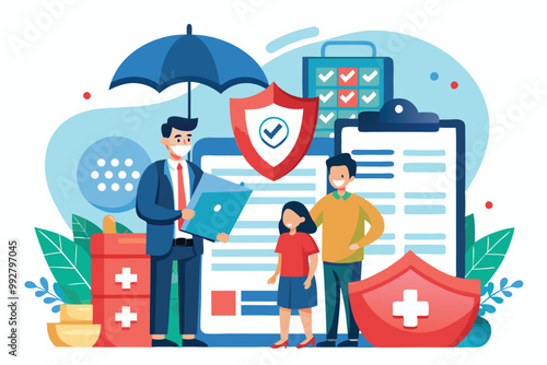 A man in a suit advises a family while reviewing customizable insurance options and documents, Customizable insurance illustration