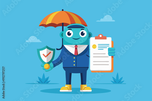 A friendly character holds an umbrella and checklist while standing in a vibrant outdoor setting, Customizable insurance illustration with disproportionate features.