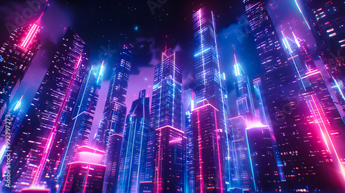 Beautiful neon night in a cyberpunk city. Illustration of the futuristic city skyscraper