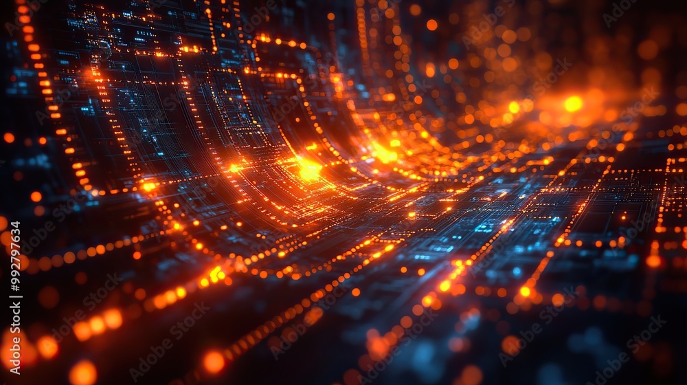 A digital illustration features glowing technology and blockchain elements, highlighting computer networks and digital advancements. A digital illustration features glowing technology and blockchain elements, highlighting computer networks and digital advancements.