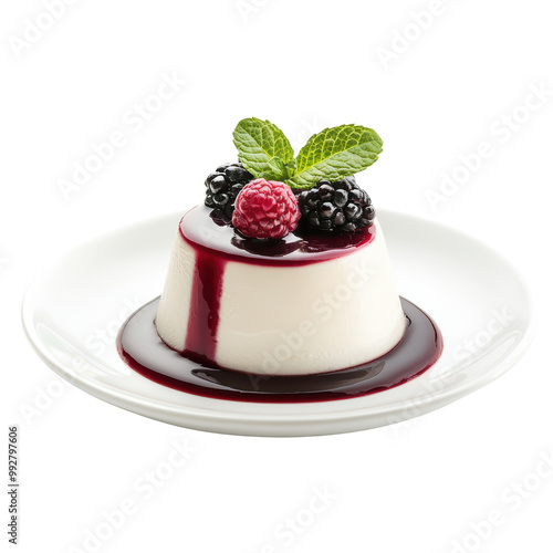 Delicious Panna Cotta Dessert with Berry Sauce and Fresh Mint on White Plate