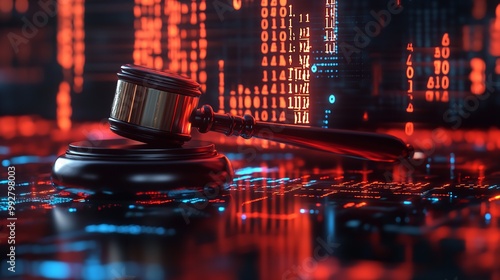 Gavel over a digital background with binary code, symbolizing cyber law

 photo