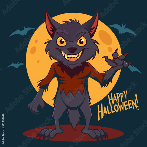 Howling Happy Halloween: A cartoon werewolf with a menacing grin, claws outstretched, stands under a glowing full moon, surrounded by bats, for a spooky yet playful Halloween greeting. 