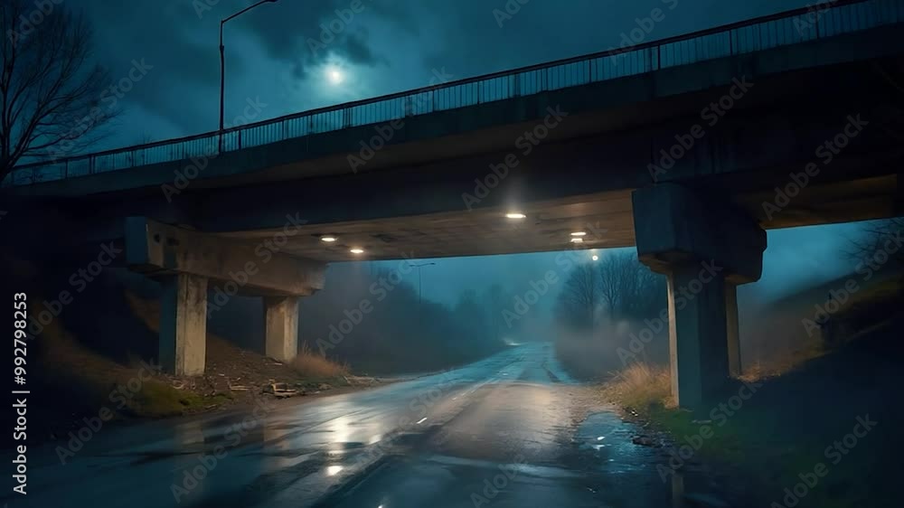 Foggy Night Road Underneath an Overpass with Streetlights Foggy Night Road Underneath an Overpass with Streetlights