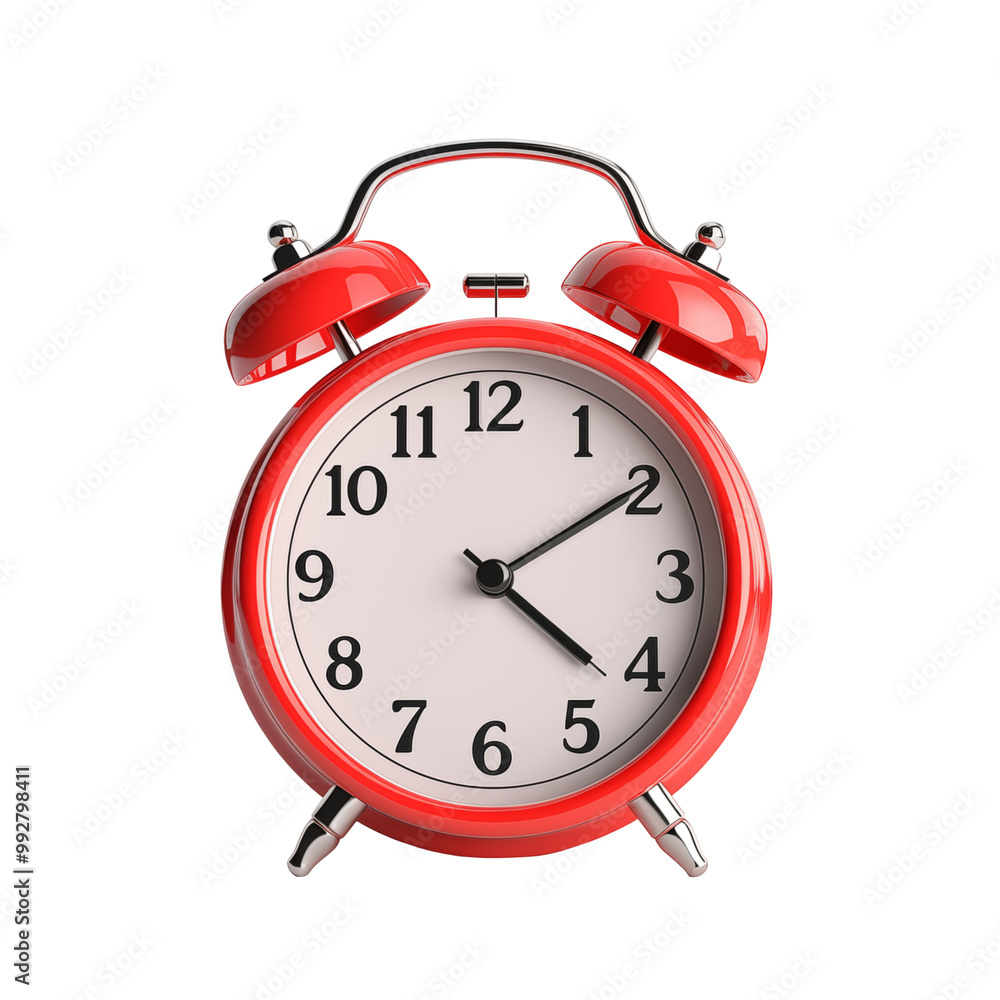 Classic Red Alarm Clock With Bells And White Face Isolated On White Background Classic Red Alarm Clock With Bells And White Face Isolated On White Background