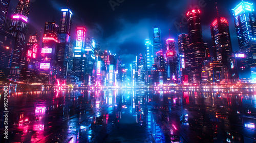 Beautiful neon night in a cyberpunk city. Illustration of the futuristic city skyscraper