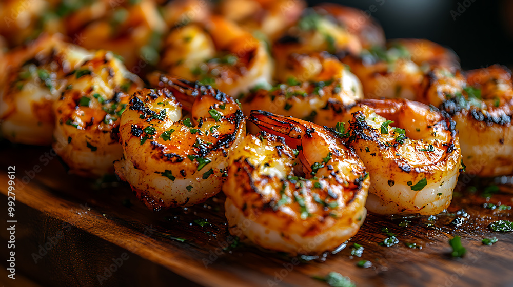 Close-up of juicy grilled shrimp skewers with garlic butter, served on a wooden platter, grilled shrimp skewers, seafood barbecue Close-up of juicy grilled shrimp skewers with garlic butter, served on a wooden platter, grilled shrimp skewers, seafood barbecue
