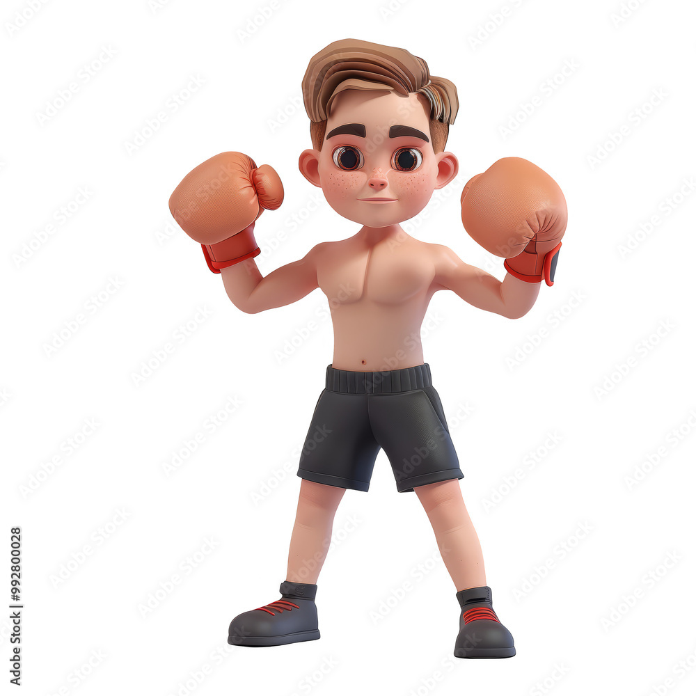A 3D cartoon illustration of a young boxer with his fists up. A 3D cartoon illustration of a young boxer with his fists up.
