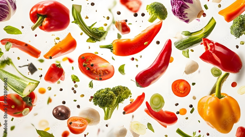 Vibrant mixed vegetables tumbling in freefall against a white background Vibrant mixed vegetables tumbling in freefall against a white background