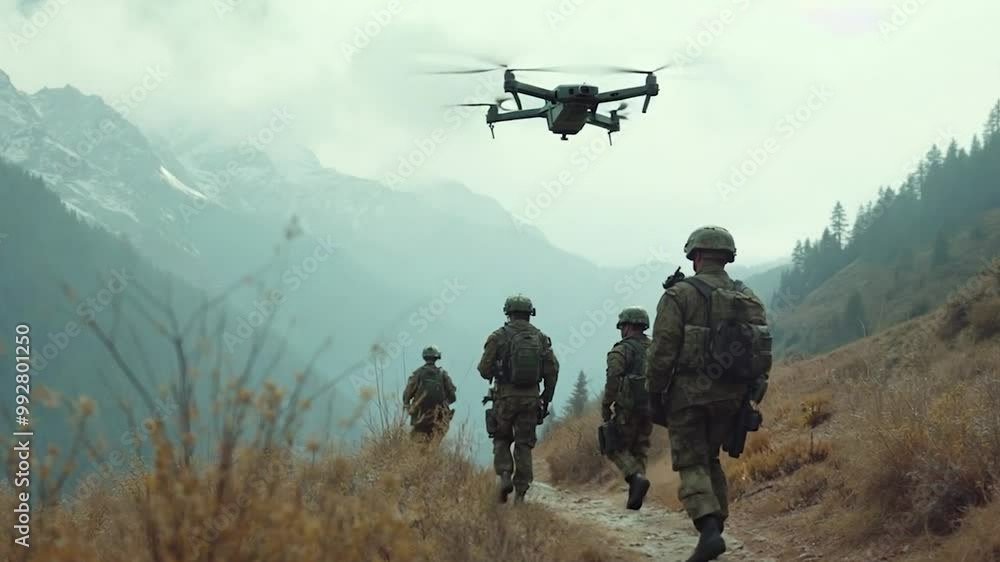 Drone Flying Over Military Soldiers in Mountainous Terrain Drone Flying Over Military Soldiers in Mountainous Terrain