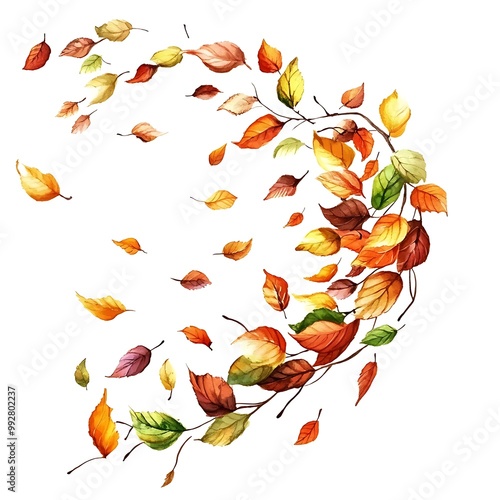 Watercolor Painting of Autumn Leaves in a Whirlwind Pattern.
